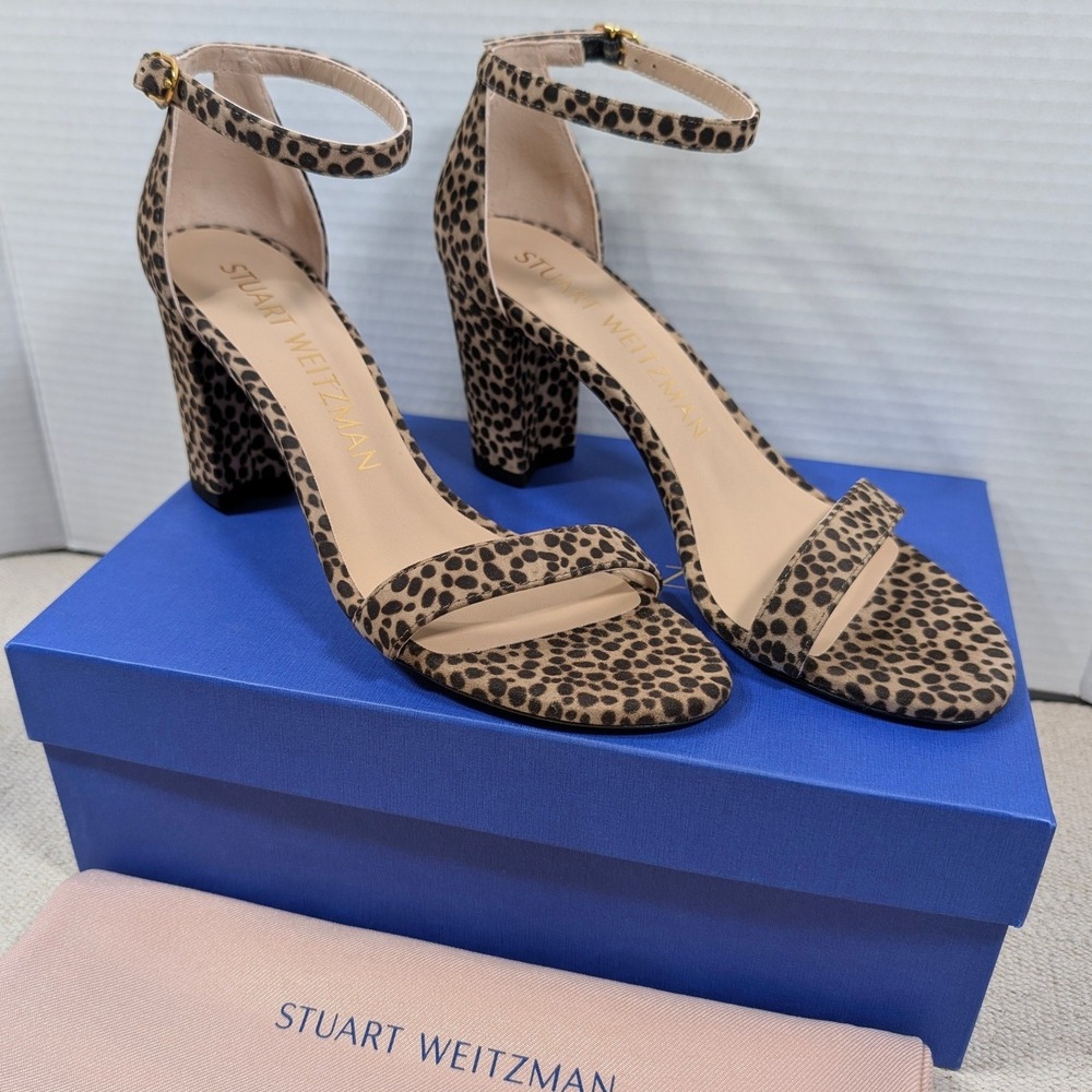 Stuart Weitzman Nearlynude Cheetah Print Suede Block Heel‎ Sandals 8 AA S0877